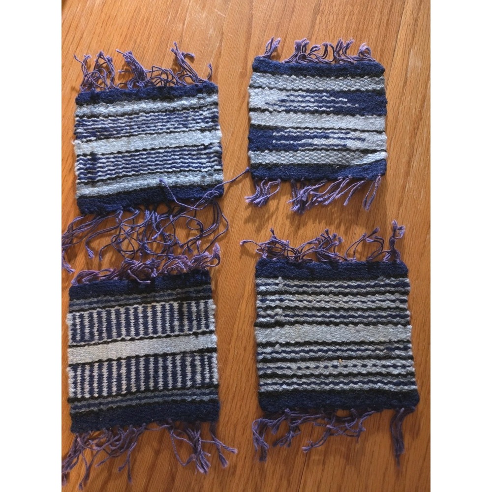 Handwoven Aztez Wool Coasters on foot loom in Mexico 4x5 Set of 4 Blue
